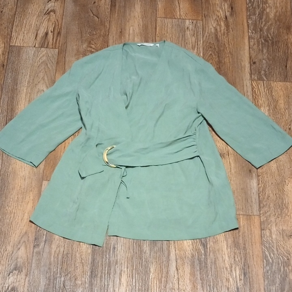 Soft Surroundings Sea Foam Green Wrap V Neck 3/4 Sleeve Size Med